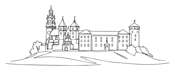 Fototapeta premium wawel castle krakow skyline on hill architectural landmark lineart monoline vector
