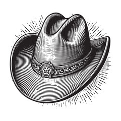 cowboy hat in Detailed Engraving Style Black and White. Isolated on transparent background. 