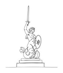 statue of mermaid warrior with sword and shield monoline thin lineart vector illustration