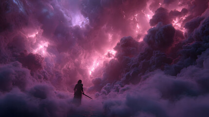A cinematic shot of Lucifer leading the charge through a swirling vortex of violet lightning, eyes glowing with defiance, obsidian sword engulfed in dark fire, storm clouds churning in the background,