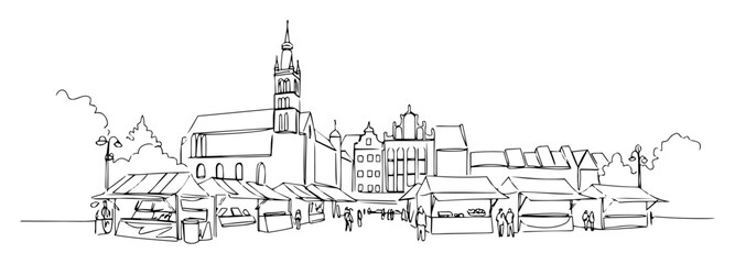 Obraz premium european town square market scene thin vector lineart