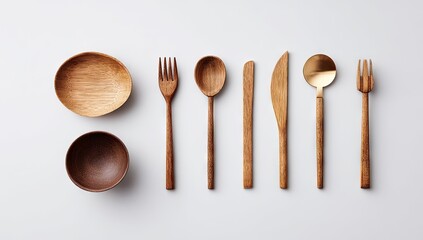 Wooden Utensils and Bowls on a White Surface.