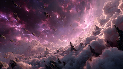A cinematic high-resolution depiction of the War in Heaven, radiant golden angels forming divine phalanxes, shadowed rebel legions swarming through crimson storm clouds,