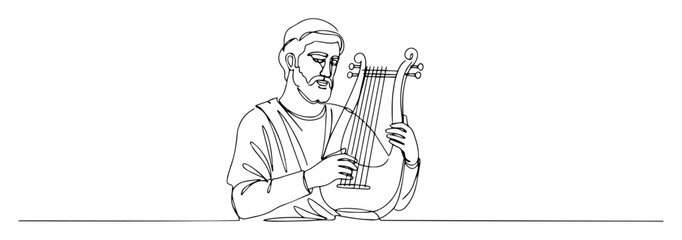 Ancient greek bard playing lyre – minimal line art vector