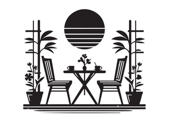 two chairs and table logo silhouette vector, table with chairs silhouette vector illustration, romantic dinner table silhouettes, table with umbrella and two chairs logo silhouettes vector 