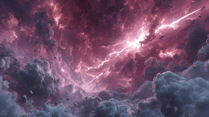 A cinematic cosmic war, divine and rebellious forces clashing mid-air, glowing swords, radiant spears colliding, ethereal wings ignited, storm clouds swirling crimson and violet,
