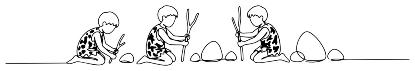 prehistoric children playing with sticks and stones monoline thin lineart vector design