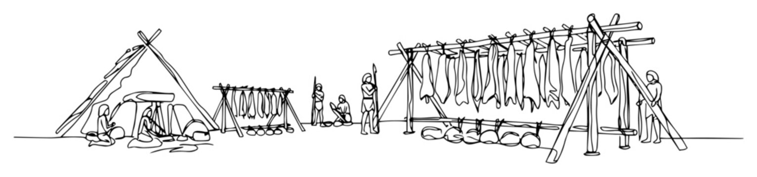 large fish drying racks along shore primitive settlement thin line panorama monoline vector outline