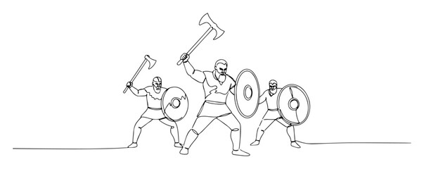 single one line drawing of three fierce viking warriors with axes and shields posing for battle vector design