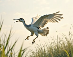 Obraz premium Majestic Bird in Flight Above Tall Grass Under Soft Sunset Light, Capturing the Beauty of Nature and Wildlife in Tranquil Environment
