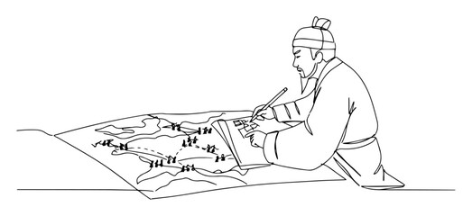 one continuous line drawing of an ancient chinese scholar or strategist drawing a battle map on a scroll vector design