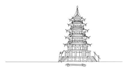 chinese pagoda tower traditional asian architecture landmark continuous one line drawing vector art