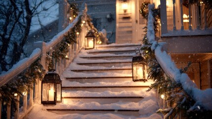 Snowy steps with lanterns and holiday decorations on winter evening