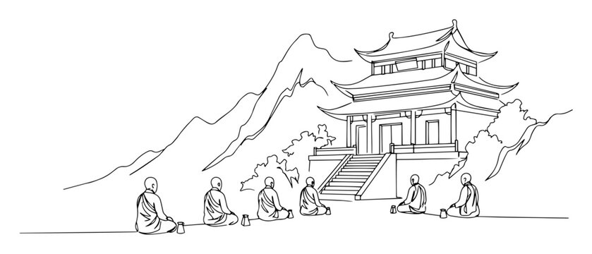 buddhist monks meditating at shaolin temple in mountains continuous one line drawing vector illustration