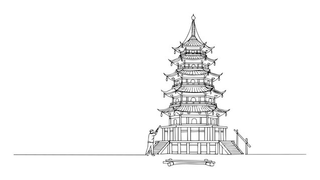 chinese pagoda tower traditional asian architecture landmark continuous one line drawing vector art