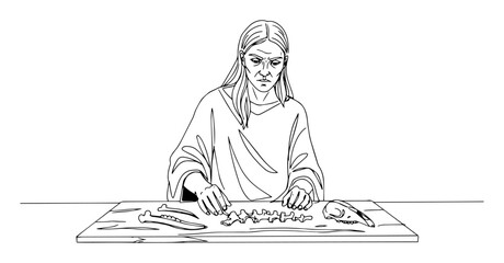 prehistoric man cleaning fish on table monoline thin lineart vector illustration