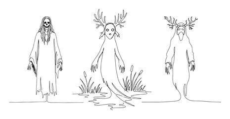set of slavic mythology monsters leshy and mora continuous one line drawing vector folklore art