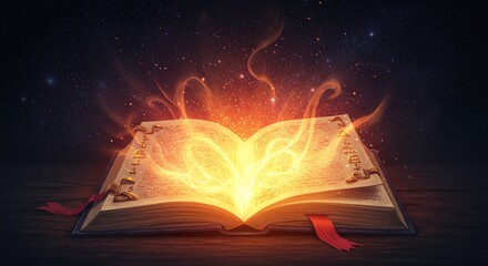 Open book with magical light and starry background