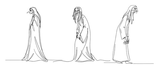 three spooky witches or plague hags from folklore a set of creepy characters continuous one line drawing vector set