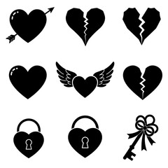 Heart-shaped icons with various designs Love, relationships, broken hearts, locks, and keys - artistic