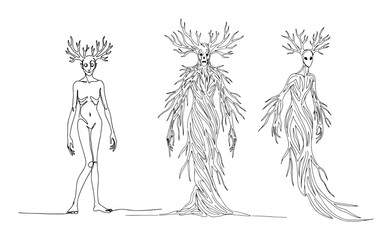 dryad forest spirit transformation fantasy creature set continuous one line drawing vector mythology art