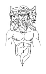 slavic god triglav with three heads portrait continuous one line drawing vector mythical art sketch