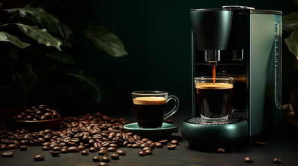 Tasse de café ou cappuccino avec machine à café et grains de café. Boisson chaude, ambiance chaleureuse, relaxante et sombre. Arrière-plan pour conception et création graphique.	