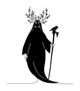 dark pagan forest god with antlers and raven continuous one line drawing vector silhouette design