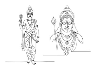 the hindu god lord shiva with his trishula a full body and portrait set continuous one line drawing vector art