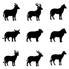 Silhouettes of Various Animals Deer, Elk, Sheep, and More, in a Simple Black and White Style