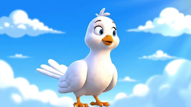 A charming cartoon dove stands against a bright blue sky filled with fluffy clouds.