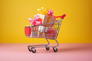 A shopping cart filled with colorful gift boxes against a yellow background