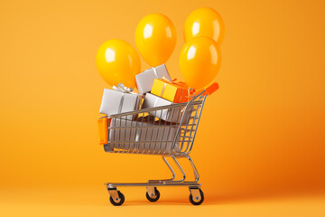 A shopping cart filled with colorful gift boxes and balloons against a yellow background