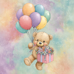 Cute teddy bear holding balloons and a gift box in pastel colors  