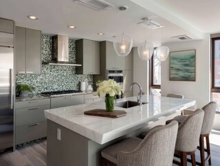 Modern kitchen island with stylish pendant lights and a speckled backsplash.