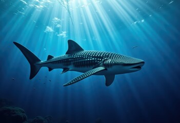 Obraz premium Majestic Whale Shark Swimming Gracefully in Clear Blue Ocean Beneath Sunlight with Rays Filtering Through Water Surface