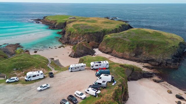 Aerial view of Playa de Santa Comba beach with turquoise sea in Galicia Spain