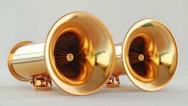 A pair of gold trumpets, often used in ceremonies and celebrations, sitting side by side