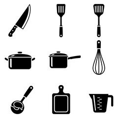 A comprehensive set of black silhouette vector icons representing various kitchen tools and cookware