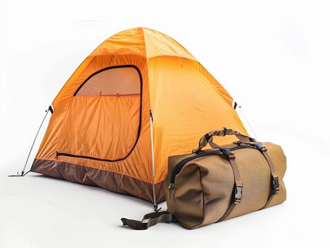 Bright orange camping tent with a sturdy brown duffel bag set up for outdoor adventures near a campsite - Powered by Adobe