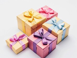 Colorful gift boxes stacked together on a white surface for a special occasion or celebration