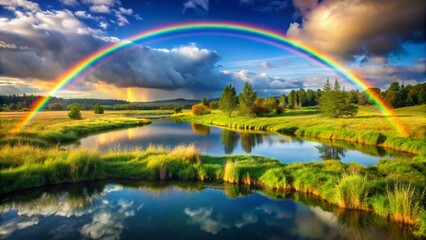 Obraz premium Vibrant Rainbow Over Serene Waterscape Captures Nature's Splendor With Lush Greenery and Reflections Under a Dynamic Sky