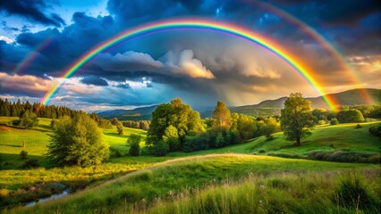 Obraz premium A Vibrant Rainbow Over Lush Green Hills A Picturesque Landscape of Natural Beauty and Serenity After the Rain