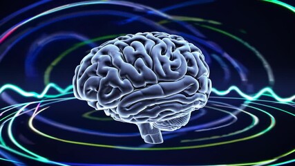 Futuristic video concept of a glowing brain surrounded by neon waves. Shot from a frontal angle, highlighting a digital, sci-fi style. Live desktop wallpaper. - Powered by Adobe