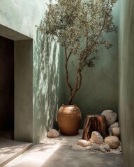 Serene courtyard garden with a terracotta pot, olive tree, and natural stones, bathed in soft sunlight.