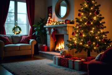 Cozy Christmas room, gifts under tree, twinkling lights, copy space , warm, snow, merry