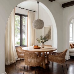 A round wooden dining table with woven chairs sits beneath a light beige-gray pendant lamp in a bright, airy nook, accented by sheer cream curtains.