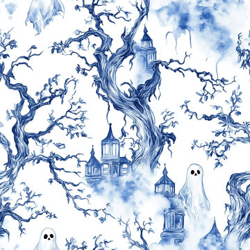 Seamless repeat pattern, abstract background for October halloween holidays on white background. Blue ghost, castle, tree, watercolor style for home decor, wallpaper, print, bedding, card designs.
