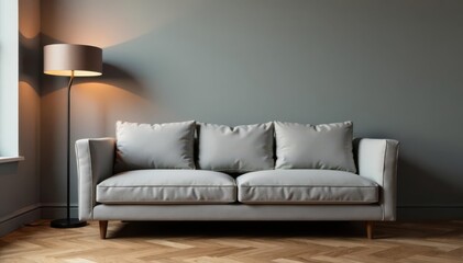 Elegant grey sofa, brown parquet, retro lamp, minimalist design , living room, furniture