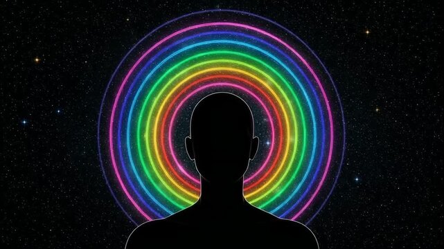 A silhouette of a person with a rainbow halo, an aura around the head against the backdrop of a starry sky. A symbol of inner energy, chakras, evolution of consciousness, or cosmic connection. 